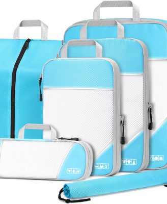 Kolvoii Compression Packing Cubes 6 Set, Ultralight Expandable Packing Cubes for Travel Essentials for Carry on Suitcase with Underwear Bag & Shoe Bag-Blue