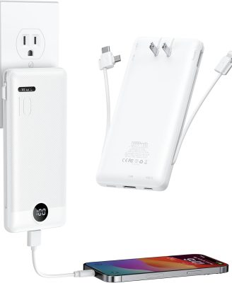 VRURC Portable Charger 10000mAh, Slim Portable Charger with Wall Plug, 22.5W USB Port Fast Charging Power Bank with Cables, 4 Outputs 2 Inputs Travel Essentials Battery for Smartphones-White (1 Pack)